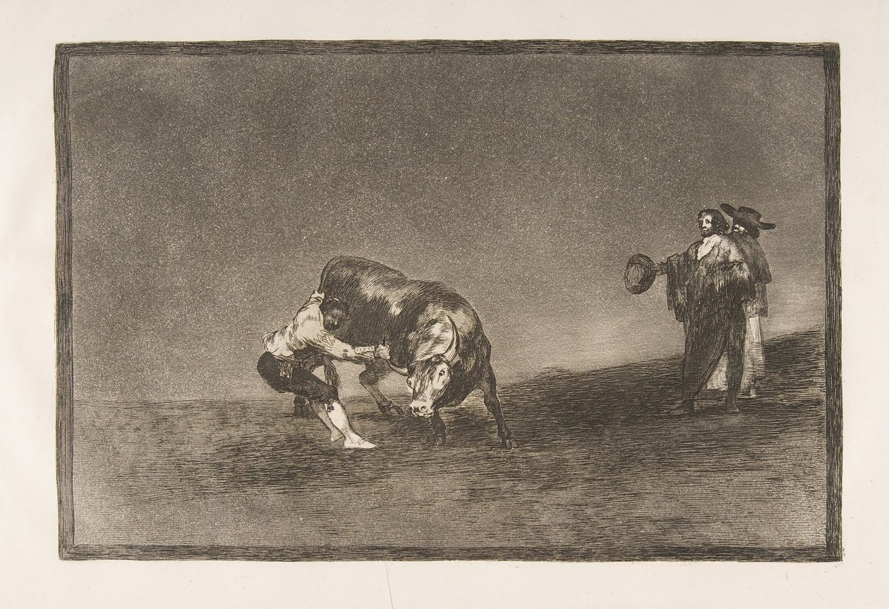 Ilustração 16 da Tauromaquia: O mesmo homem lança um touro no ringue em Madri., 1816. de Francisco de Goya