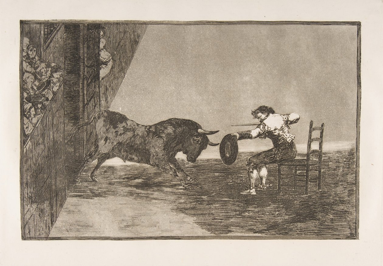 Ilustração 18 da Tauromaquia: A ousadia de Martincho no ringue em Zaragoza, 1816. de Francisco de Goya
