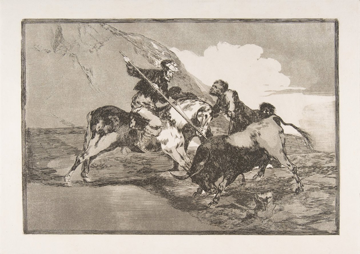 Ilustração 1 de The Tauromaquia: A maneira pela qual os espanhóis antigos caçavam touros na hor ..., 1816. de Francisco de Goya