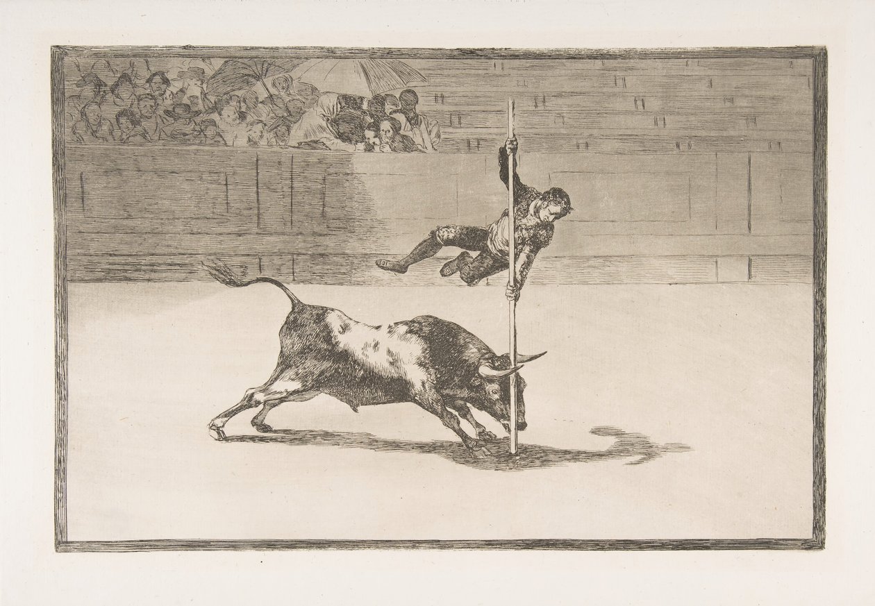 Ilustração 20 do Tauromaquia: A agilidade e a audácia de Juanito Apiñani em [o anel] ..., 1816. de Francisco de Goya
