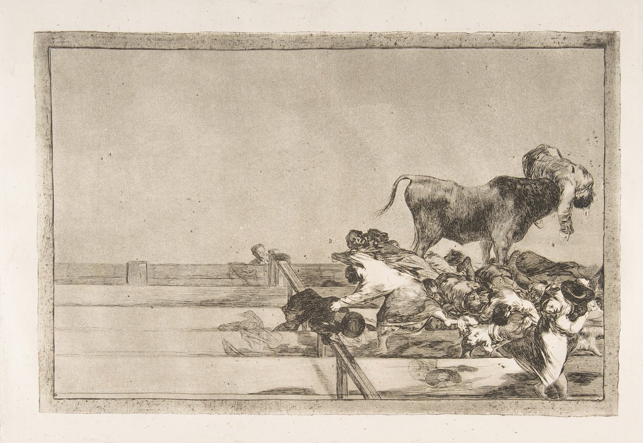 Ilustração 21 da Tauromaquia: Eventos terríveis nas filas da frente do anel em Madri a ..., 1816. de Francisco de Goya