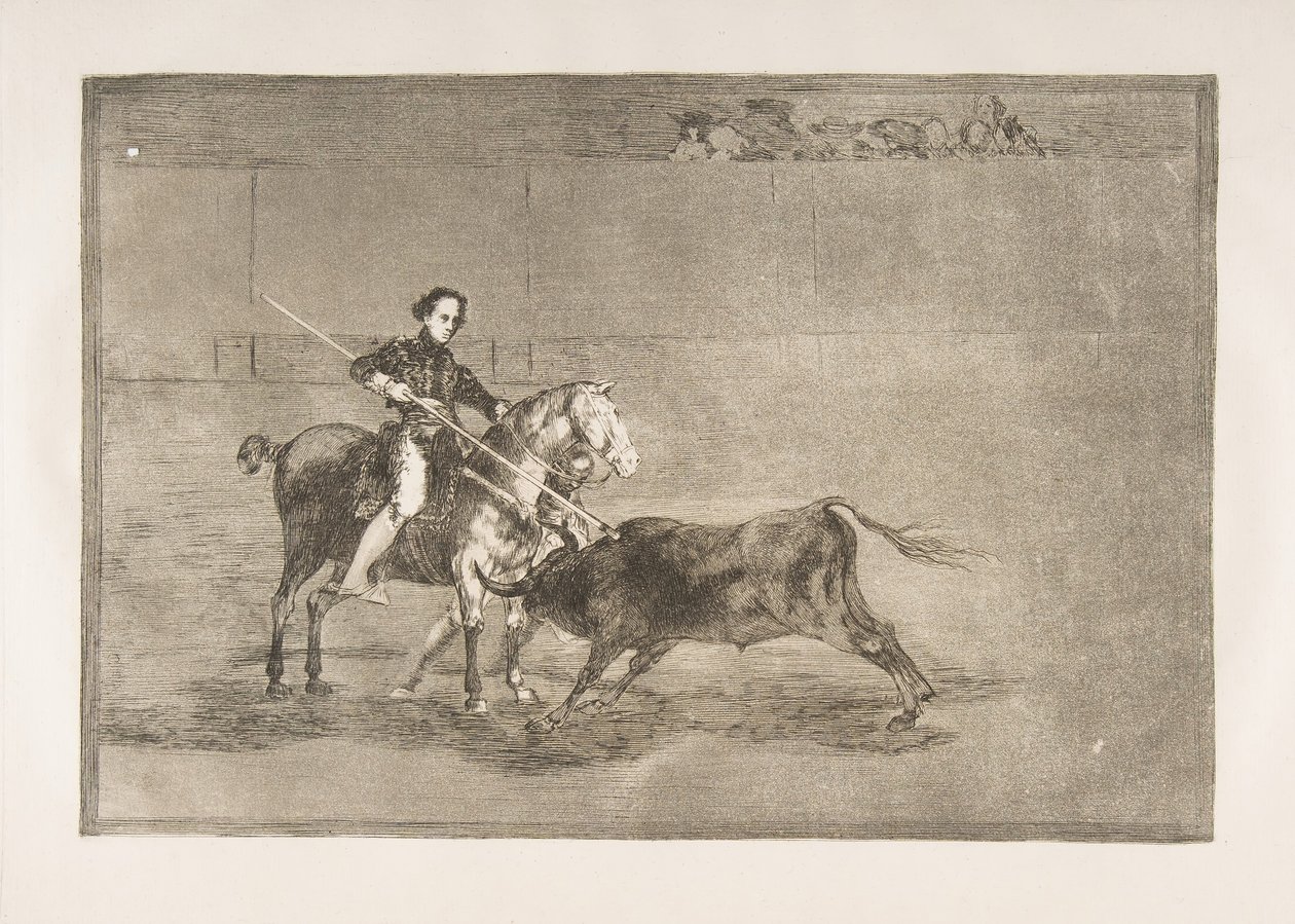 Ilustração 22 do Tauromaquia: coragem masculina do célebre Pajuelera em [o anel] em ..., 1816. de Francisco de Goya