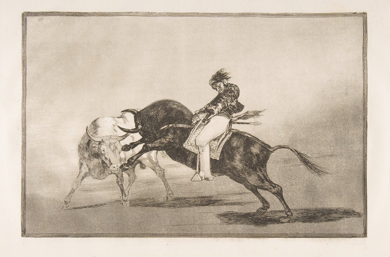 Ilustração 24 de Tauromaquia: Os mesmos ceballos montados em outro touro quebram a fala ..., 1816. de Francisco de Goya