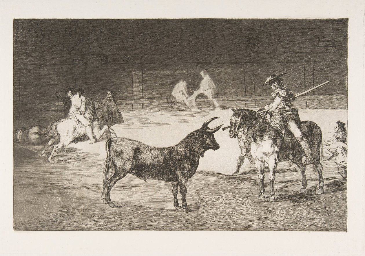 Ilustração 27 do Tauromaquia: O célebre picador, Fernando del Toro, desenha o fogo ..., 1816. de Francisco de Goya
