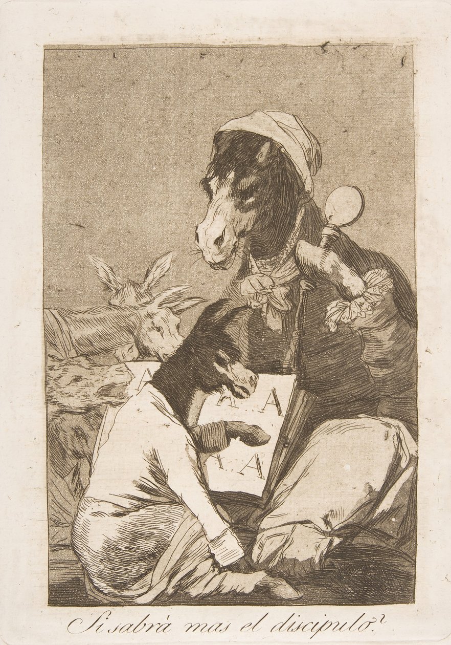 Ilustração 37 de Los Caprichos: Talvez o aluno não saiba mais Si Sabrá mas el discipulo, 1799. de Francisco de Goya