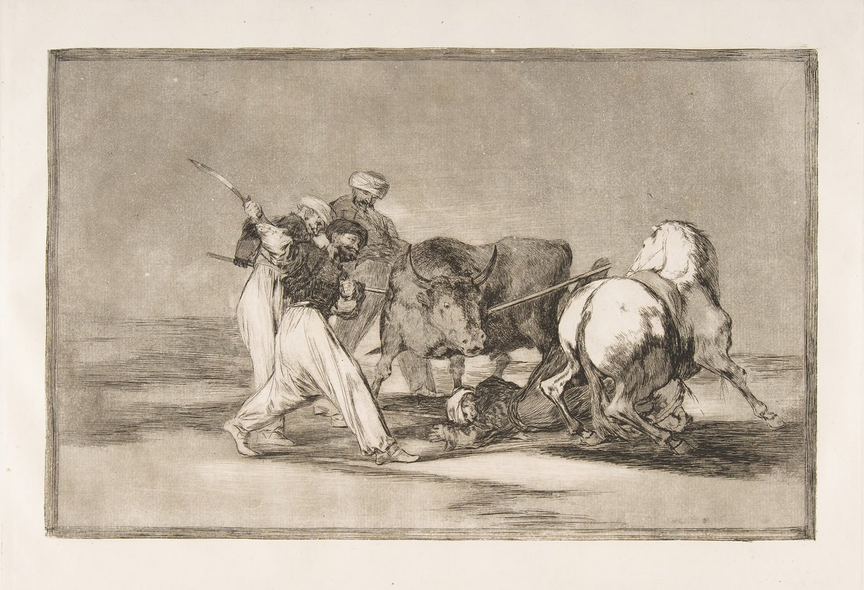 Ilustração 3 de Tauromaquia: Os mouros se estabeleceram na Espanha, abandonando as superstições de th ..., 1816. de Francisco de Goya