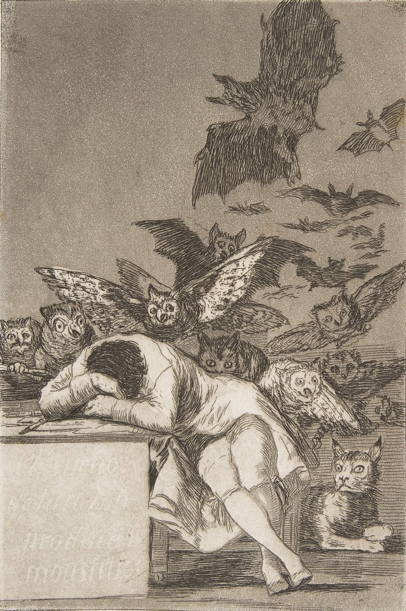 Ilustração 43 de Los Caprichos: O sono da razão produz monstros E ..., 1799, publicado 1908-12. de Francisco de Goya