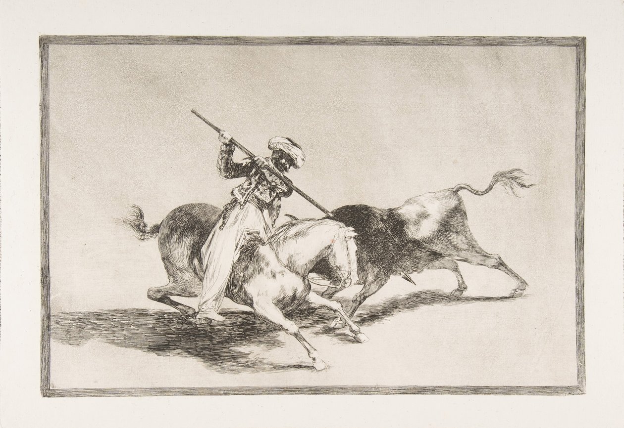 Ilustração 5 de Tauromaquia: O espirituoso Moor Gazul é o primeiro a lançar touros de acordo ..., 1816. de Francisco de Goya