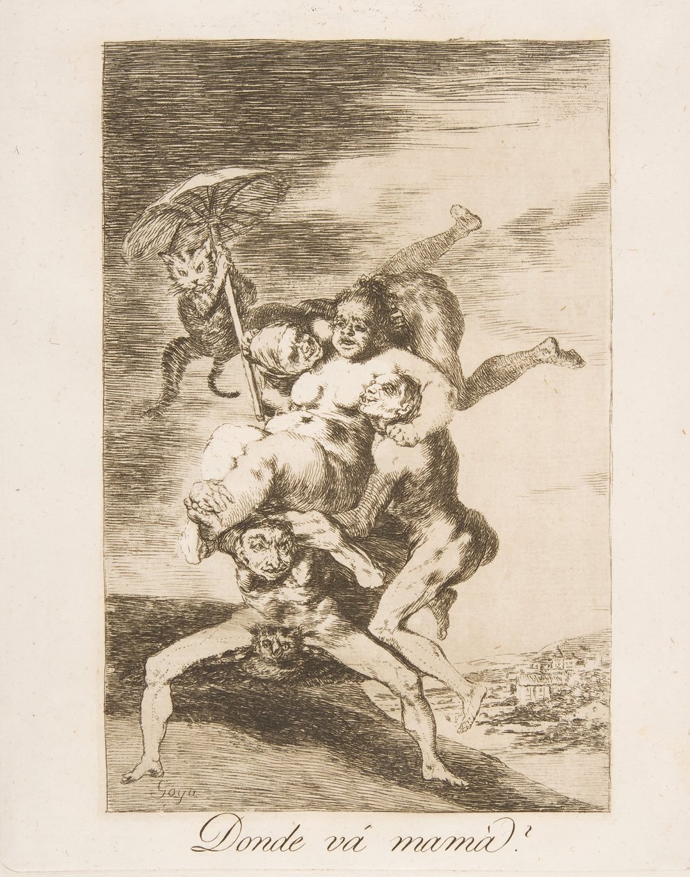 Ilustração 65 de Los Caprichos: Para onde vai a mãe Donde vá mamá, 1799. de Francisco de Goya