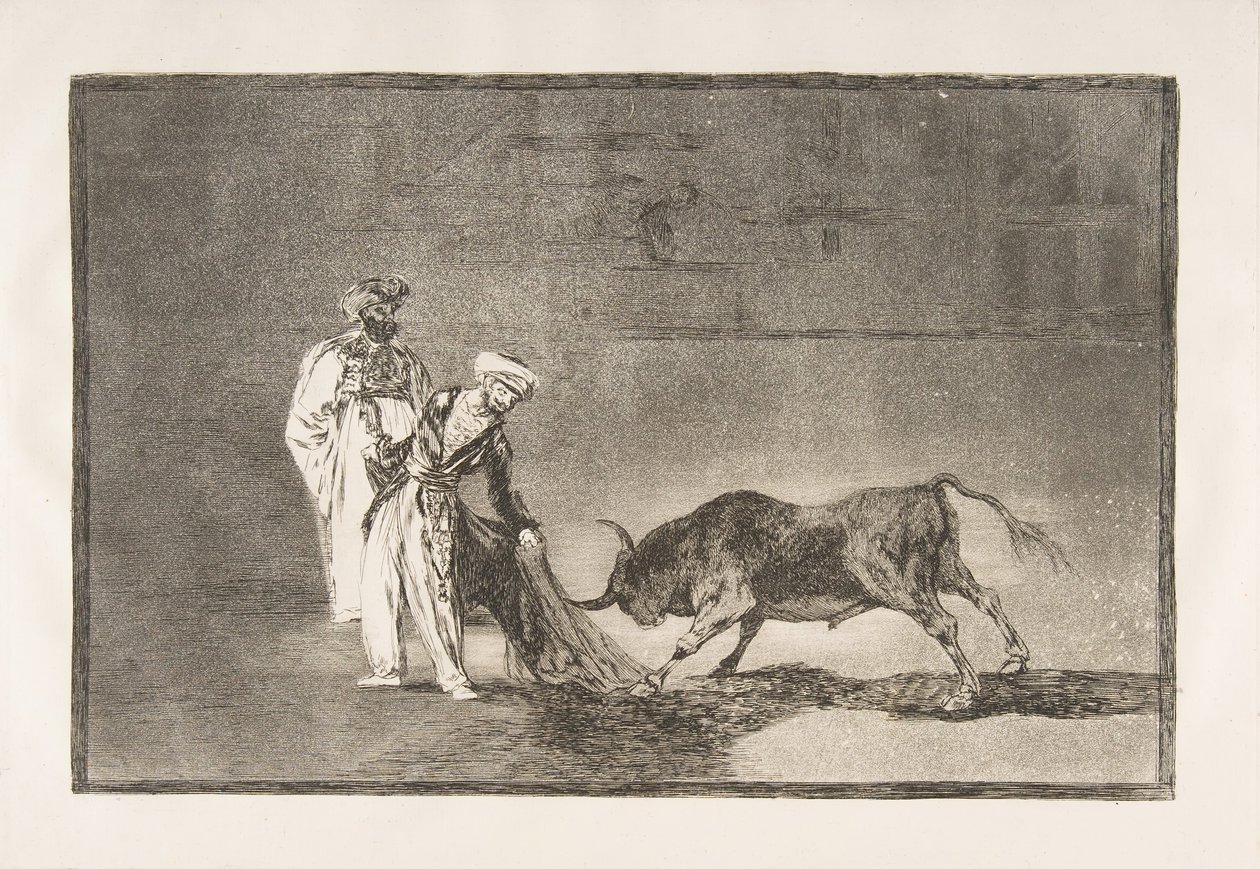 Ilustração 6 de Tauromaquia: Os mouros fazem uma peça diferente no ringue, chamando a bul ..., 1816. de Francisco de Goya