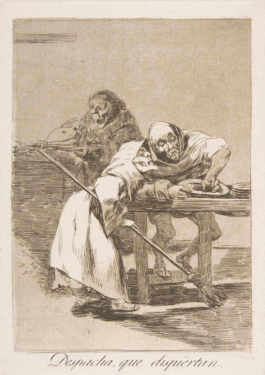 Ilustração 78 de Los Caprichos: Seja rápido, eles estão acordando Despacha, que dispiertan., 1799. de Francisco de Goya