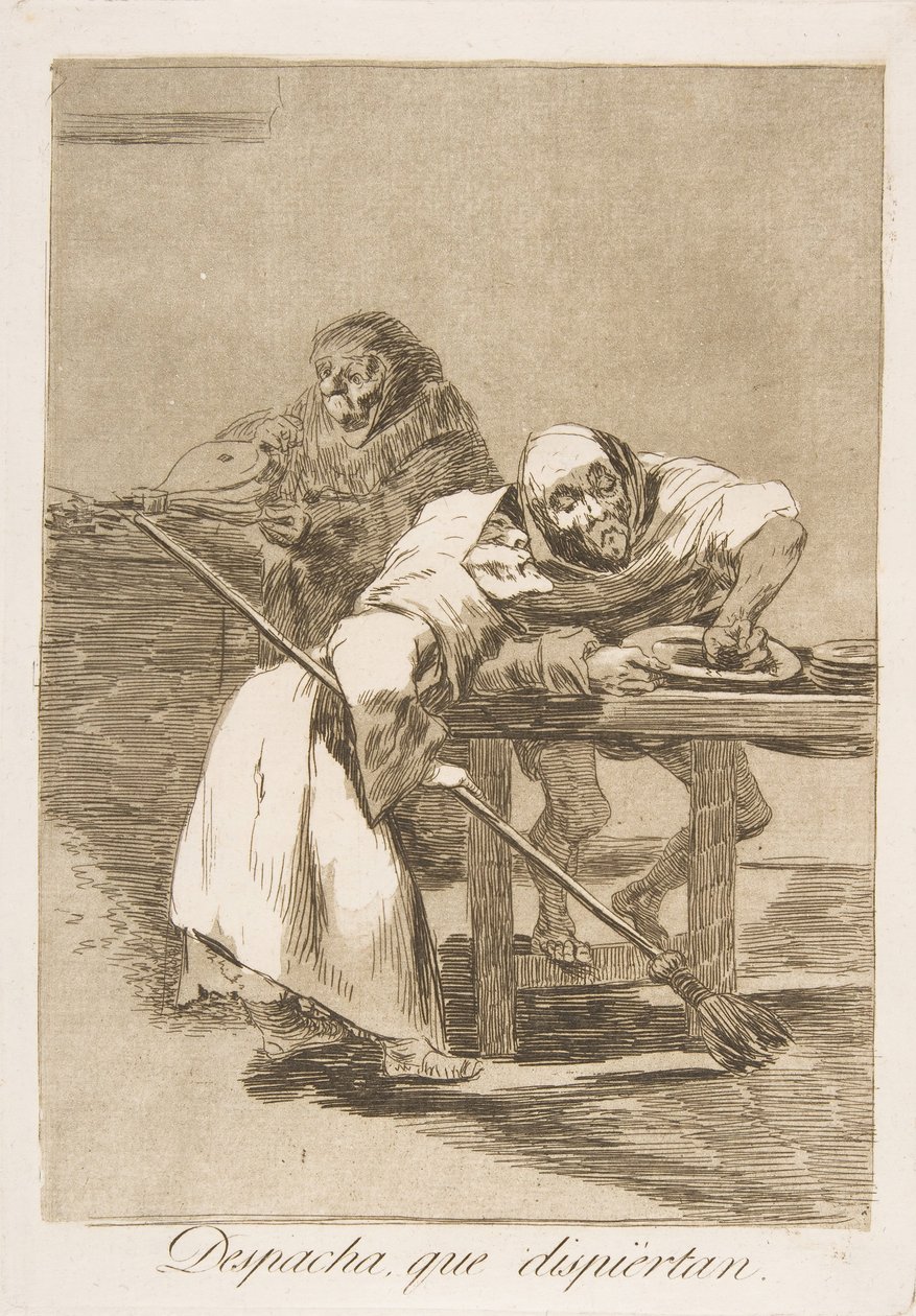 Ilustração 78 de Los Caprichos: Seja rápido, eles estão acordando Despacha, que dispiértan., 1799. de Francisco de Goya