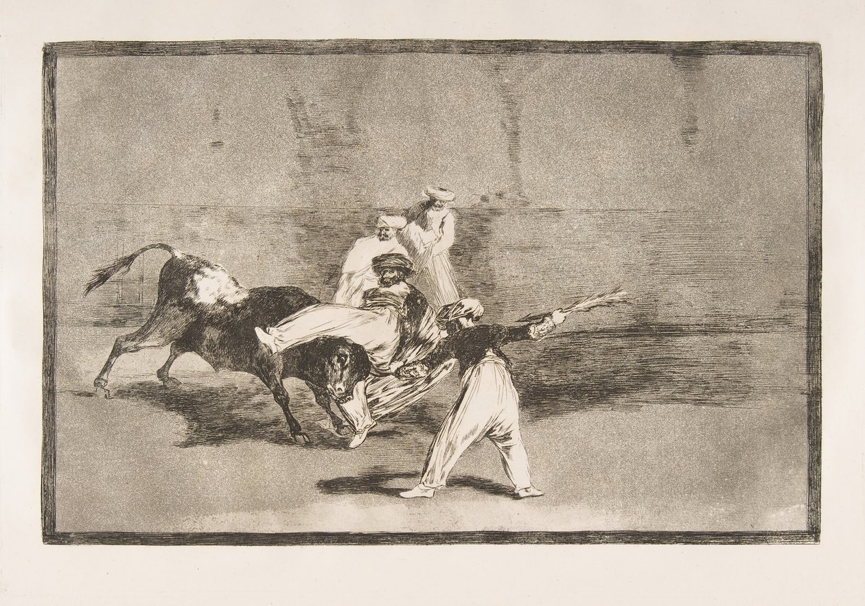 Ilustração 8 da Tauromaquia: Uma charneca capturada pelo touro no ringue, 1816. de Francisco de Goya