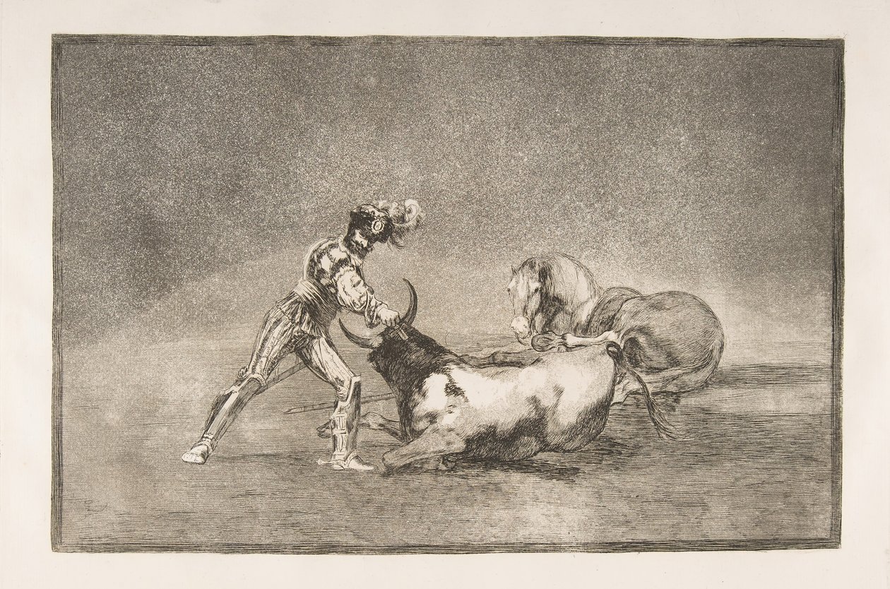 Ilustração 9 da Tauromaquia: Um cavaleiro espanhol mata o touro depois de ter perdido o cavalo., 1816. de Francisco de Goya