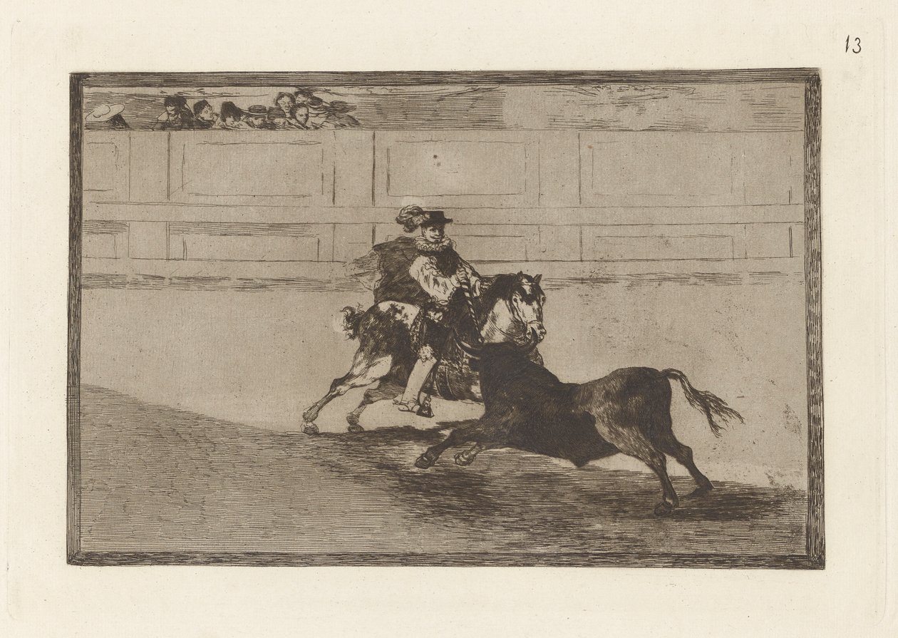 Un caballero espa?ol en plaza quebrando rejoncillos sin auxilio de los chulos (Um cavaleiro espanhol montado no Anel Quebra-lanças Curtas sem a ajuda de assistentes), Placa 13 de La tauromaquia de Francisco de Goya