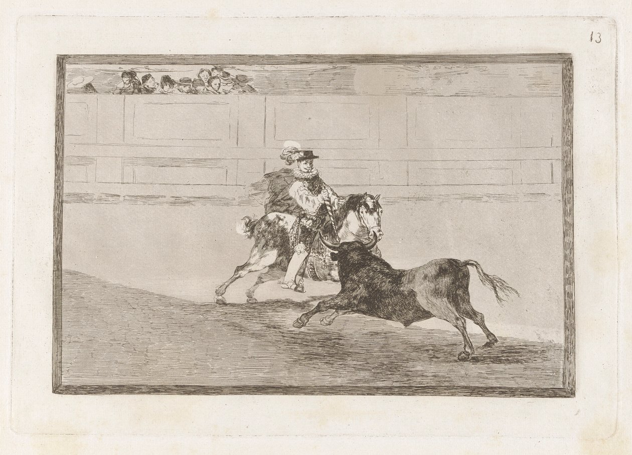 Un caballero espa?ol en plaza quebrando rejoncillos sin auxilio de los chulos (Um cavaleiro espanhol montado no Anel Quebra-lanças Curtas sem a ajuda de assistentes), Placa 13 de La tauromaquia de Francisco de Goya