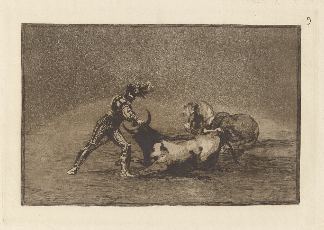 Um cavaleiro espanhol mata o touro depois de ter perdido seu cavalo (Um cavaleiro espanhol mata o touro depois de ter perdido seu cavalo), Placa 9 de La tauromaquia de Francisco de Goya