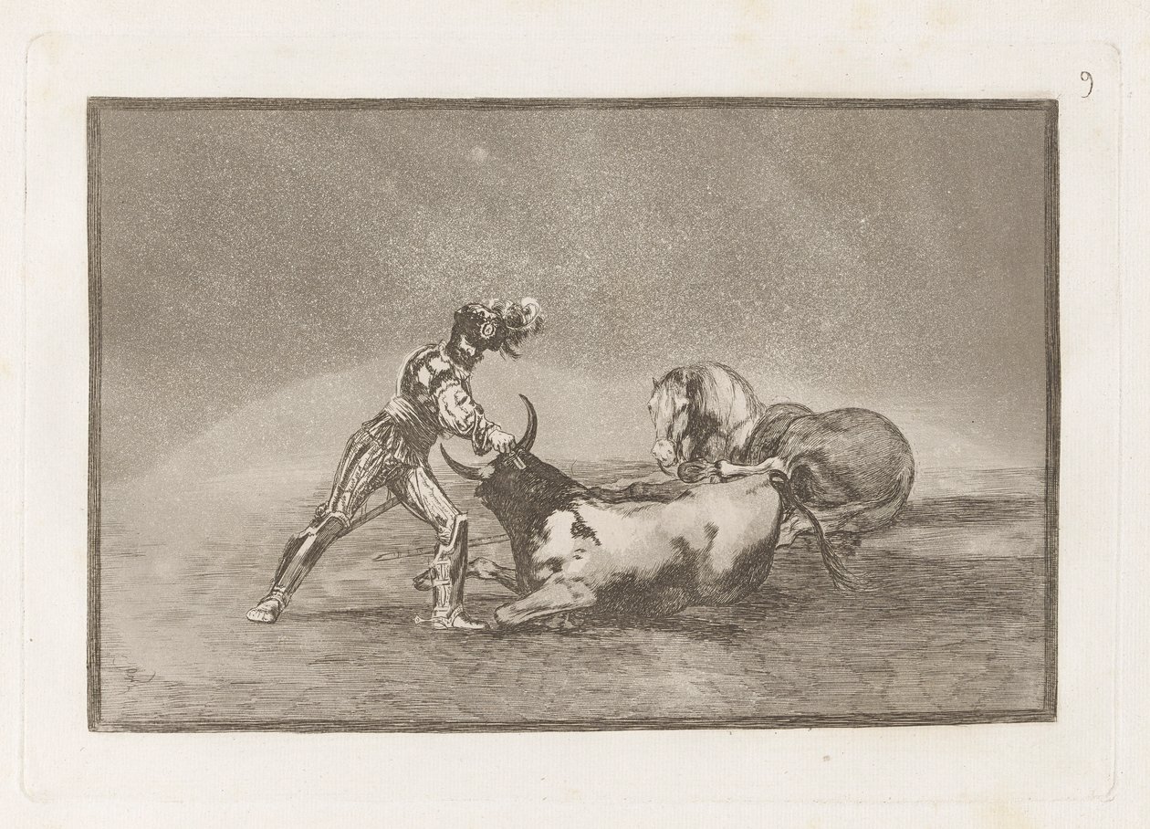 Um cavaleiro espanhol mata o touro depois de ter perdido seu cavalo (Um cavaleiro espanhol mata o touro depois de ter perdido seu cavalo), Placa 9 de La tauromaquia de Francisco de Goya