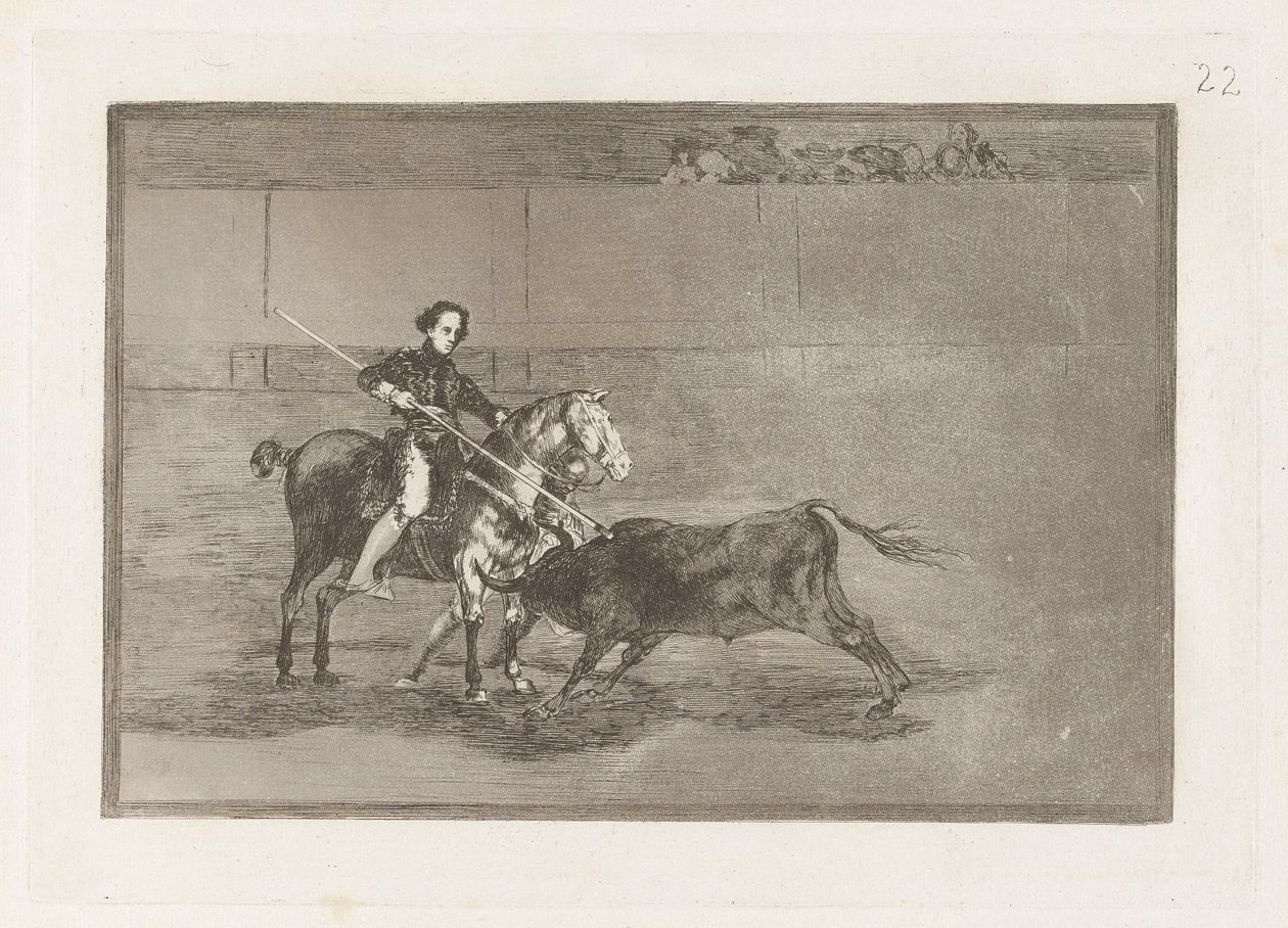 Valor manil de la c?lebre Pajuelera en la de Zaragoza (Coragem viril da celebrada Pajuelera em [o Anel] em Saragoça), Placa 22 de La tauromaquia de Francisco de Goya