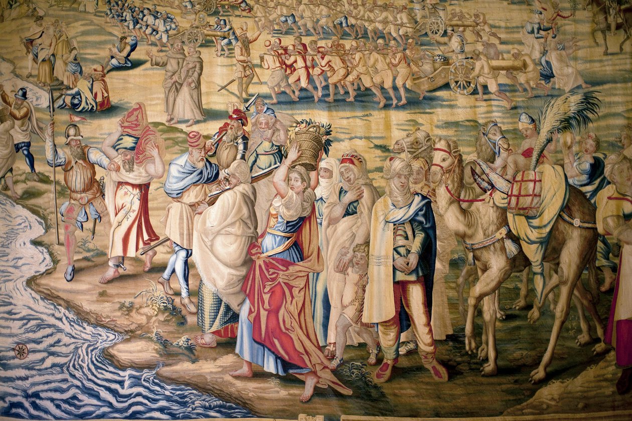 Detalhe da conquete de Tunis (Tunísia) - Tapeçaria de Francisco e Cornelius Van der Goten (século XVIII), tecida na fábrica real de tapeçaria, meados do século XVIII, após a tapeçaria do século XVI de Willem de Pannemaker - (Conquista de Tunis, detalhe, ta de Francisco Ignacio Vandergoten Canyuwell