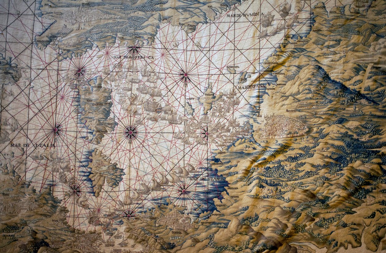 Mapa do Mar Mediterrâneo - Detalhe do conquete de Túnis (Tunísia) - Tapeçaria de Francisco e Cornelius Van der Ggot (século XVIII), tecida na fábrica de tapeçaria real, meados do século XVIII, após a tapeçaria do século XVI por Willem de Pannema de Francisco Ignacio Vandergoten Canyuwell