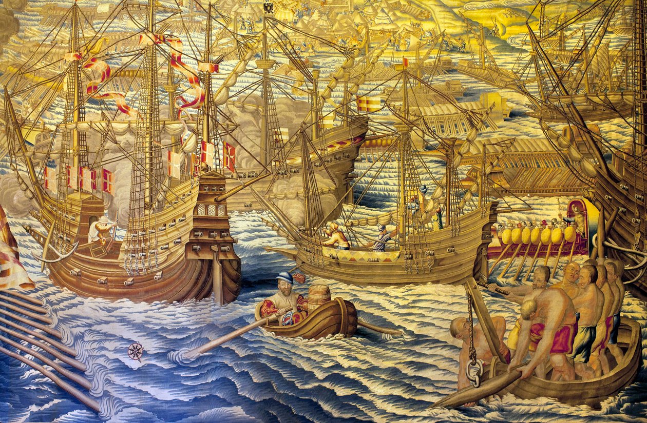 Os navios e a barcaça - Pormenor do conquete de Túnis (Tunísia) - Tapeçaria de Francisco e Cornelius Van der Ggot (século XVIII), tecida na fábrica de tapeçaria real, meados do século XVIII, após a tapeçaria do século XVI de Willem de Pannemaker - (Tun de Francisco Ignacio Vandergoten Canyuwell