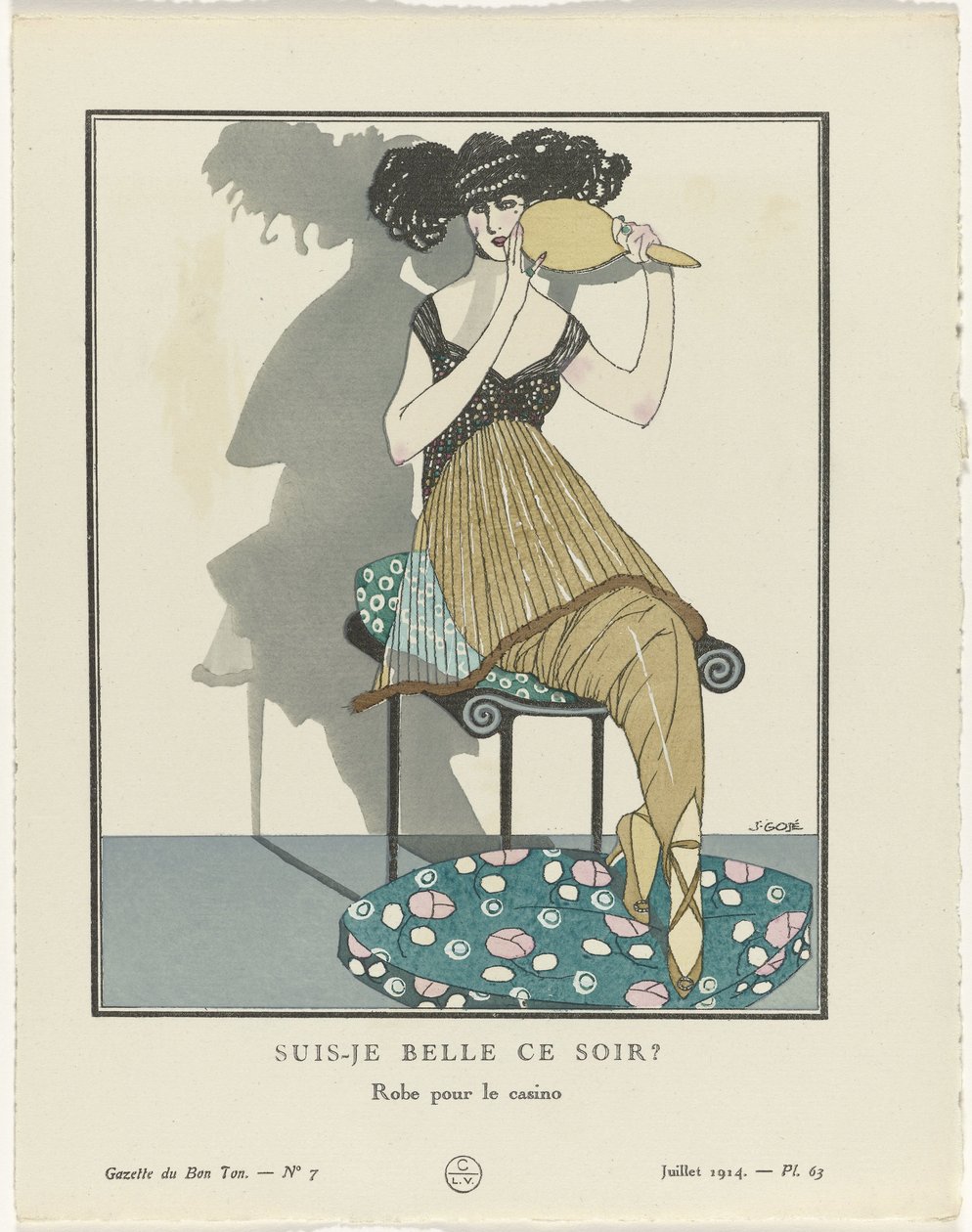 Gazette du Bon Ton. Arte – Modos e Frivolidades: Artistas Gazette du Bon Ton, 1914, nº 7, pl. 63: Estou bonita esta noite? / Vestido para o cassino (título no objeto) de Francisco Javier Gosé