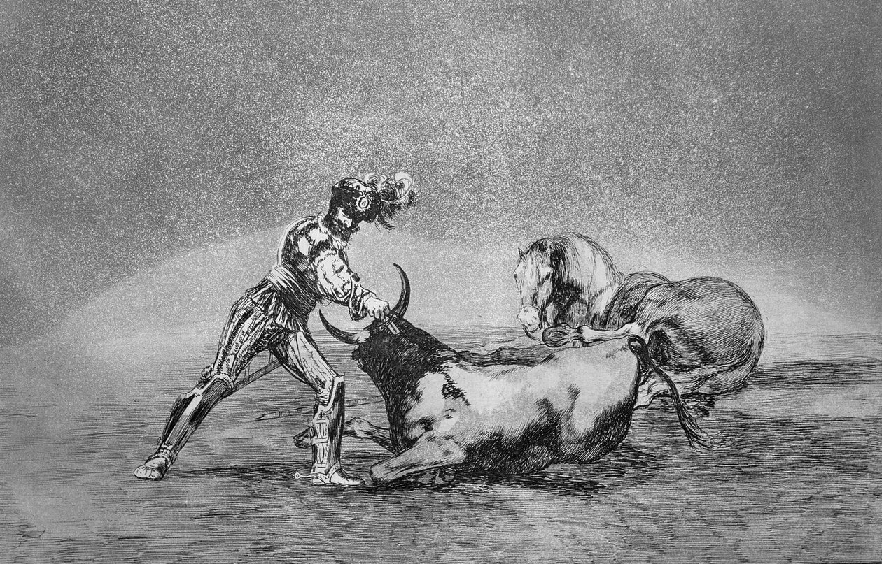 Um cavaleiro espanhol mata o touro depois de ter perdido o seu cavalo, prato 9 de "A Arte da Tauromaquia", pub. 1816 (gravura) de Francisco Jose de Goya y Lucientes