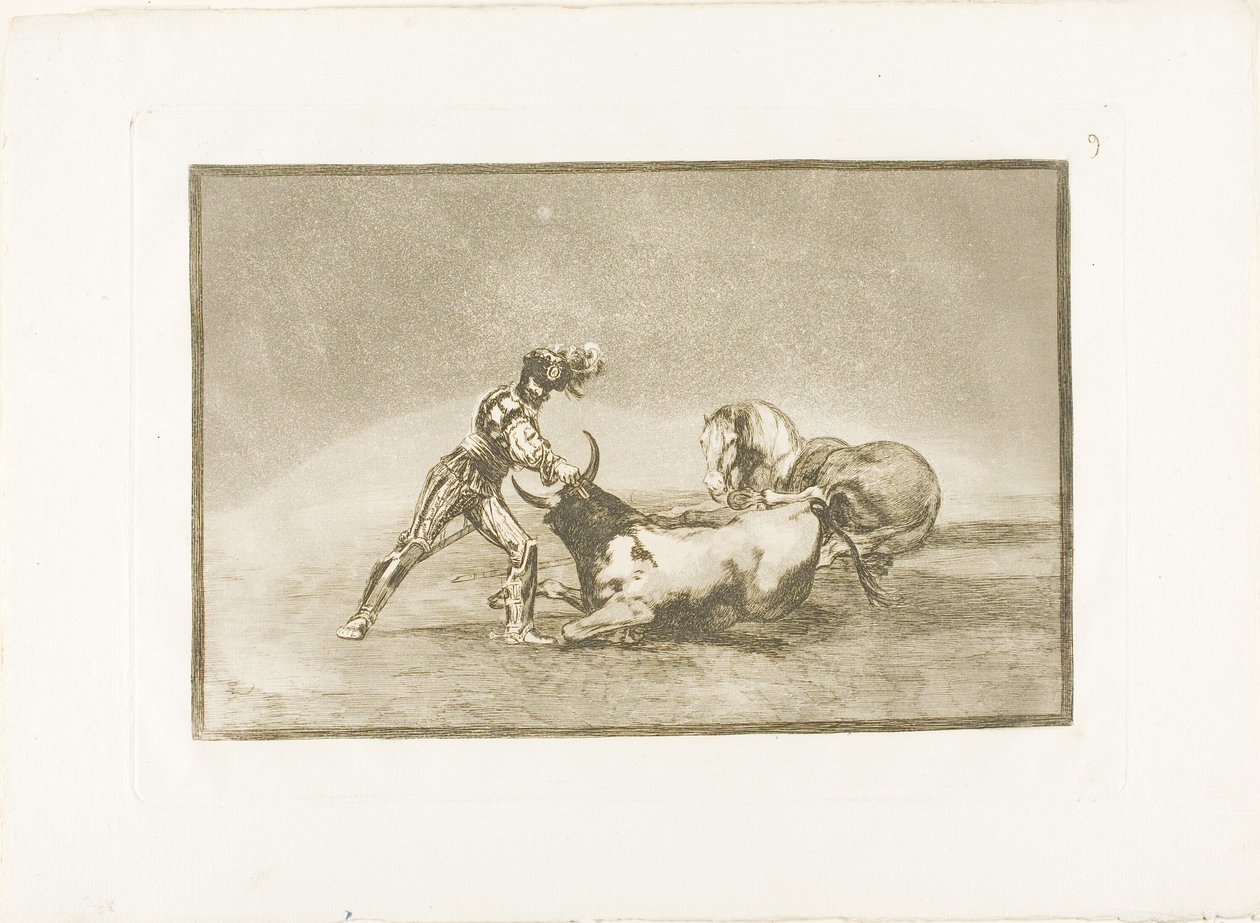 Um cavaleiro espanhol mata o touro depois de ter perdido seu cavalo, placa nove de The Art of Bullfighting de Francisco Jose de Goya y Lucientes