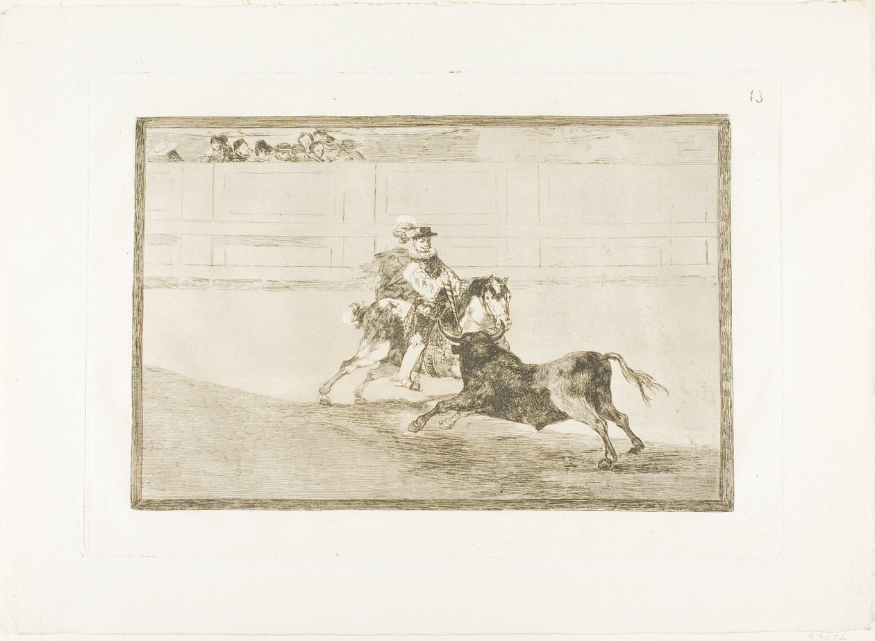 Um cavaleiro espanhol montado no ringue quebrando lanças curtas sem a ajuda de assistentes, placa 13 de The Art of Bullfighting de Francisco Jose de Goya y Lucientes