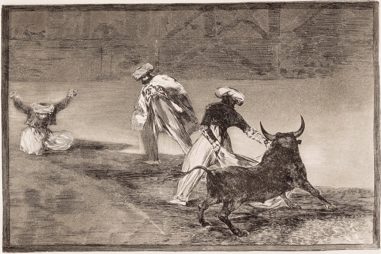 Tourada: Os Mouros tocam a capa com outro touro num recinto. de Francisco de Goya