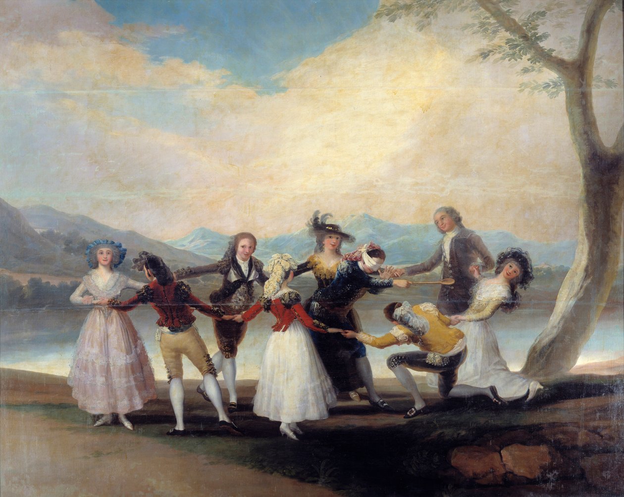 Colin Maillard (Colin-Maillard) o jogo da galinha cega. Os jovens dançam ao redor daquele que tem os olhos listrados. Pintura de Francisco De Goya (1746-1828) de Francisco de Goya