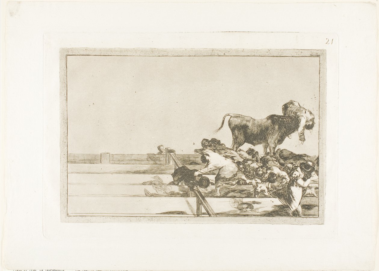 Acontecimentos terríveis nas primeiras filas do ringue de Madrid e morte do prefeito de Torrejón, placa 21 de The Art of Bullfighting de Francisco Jose de Goya y Lucientes