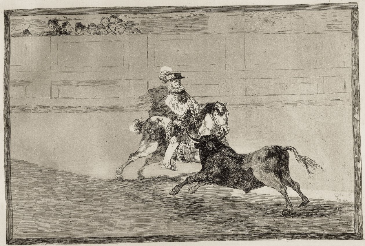 GOYA Y LUCIENTES, Francisco de (1746-1828). Um cavaleiro espanhol montado no anel a partir lanças curtas sem a ajuda de assistentes. 1816. Etching. ESPANHA. MADRID (COMUNIDADE AUTÓNOMA). Madrid. Biblioteca Nacional de Francisco Jose de Goya y Lucientes