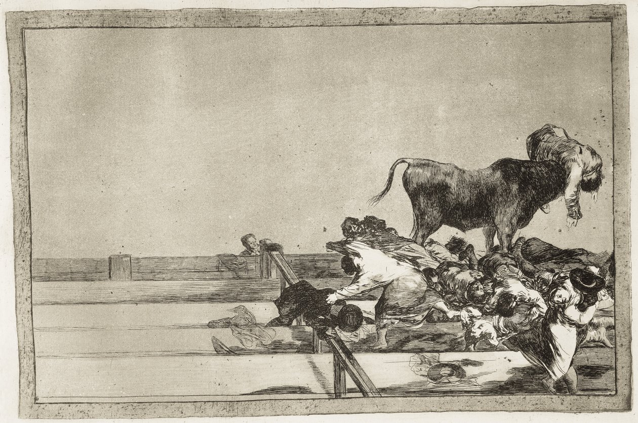 GOYA Y LUCIENTES, Francisco de (1746-1828). Acontecimentos terríveis nas filas da frente do ringue em Madrid e a morte do presidente da câmara de Torrejon em 1801. 1816. Placa 21 de "A Arte da Tauromaquia". Etching. ESPANHA. MADRID (COMUNIDADE AUTÓNOMA). M de Francisco Jose de Goya y Lucientes