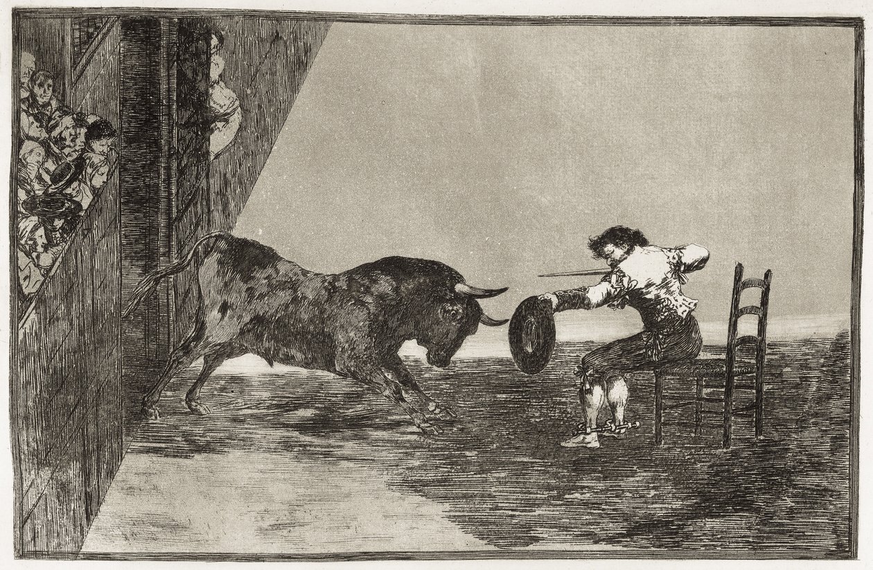 GOYA Y LUCIENTES, Francisco de (1746-1828). A ousadia de Martincho (provavelmente Antonio Ebassum) no ringue de Saragoça. 1816. (24,9 x 35,7 cm). Placa 18 de "A Arte da Tauromaquia". Gravura. ESPANHA. MADRID (COMUNIDADE AUTÓNOMA). Madrid. Biblioteca Nacion de Francisco Jose de Goya y Lucientes
