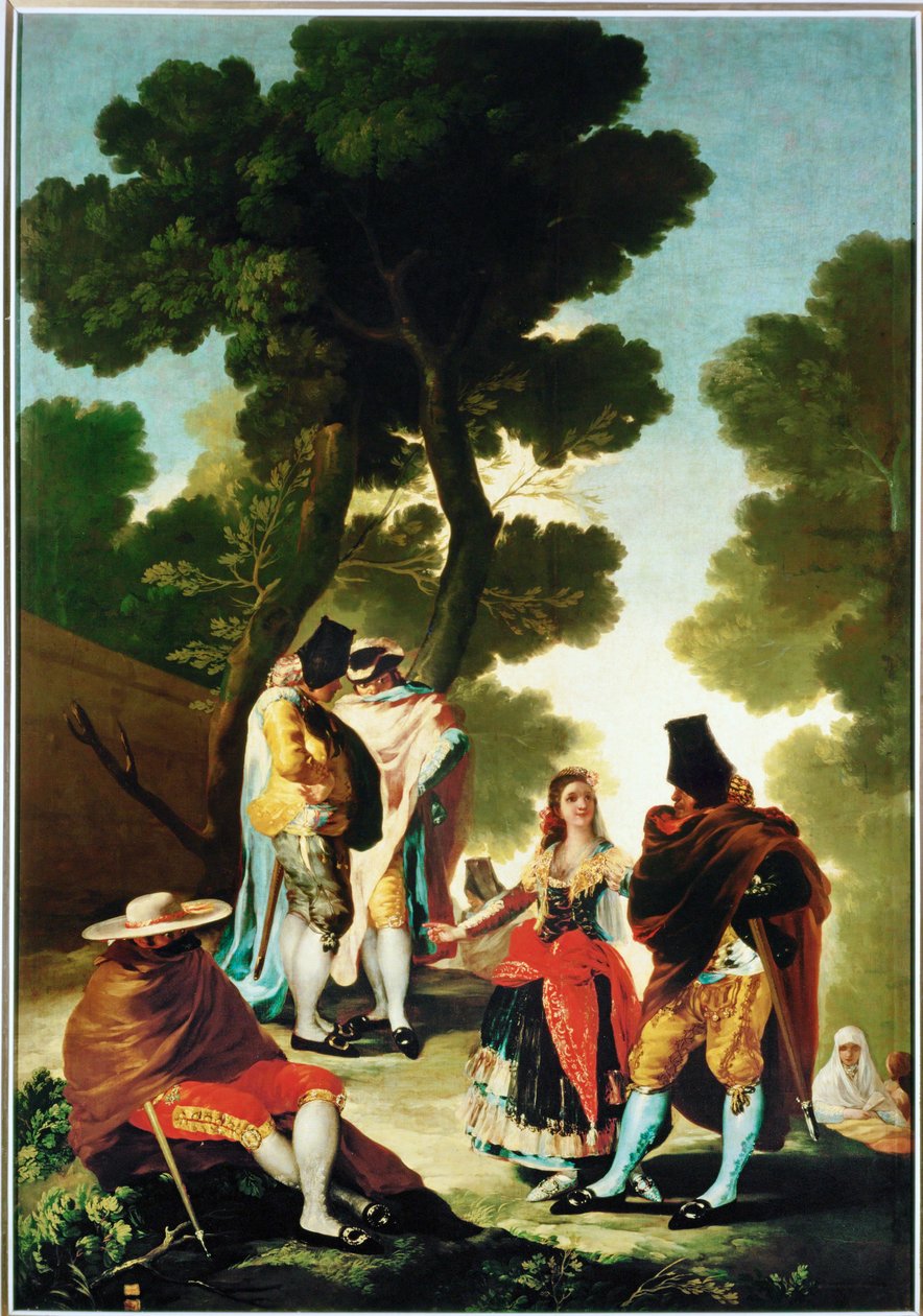 La maja y los Embozados - a maja e os homens de capa, desenho para tapeçaria 40-06-09/42 ... (pintura sobre tela) de Francisco Jose de Goya y Lucientes