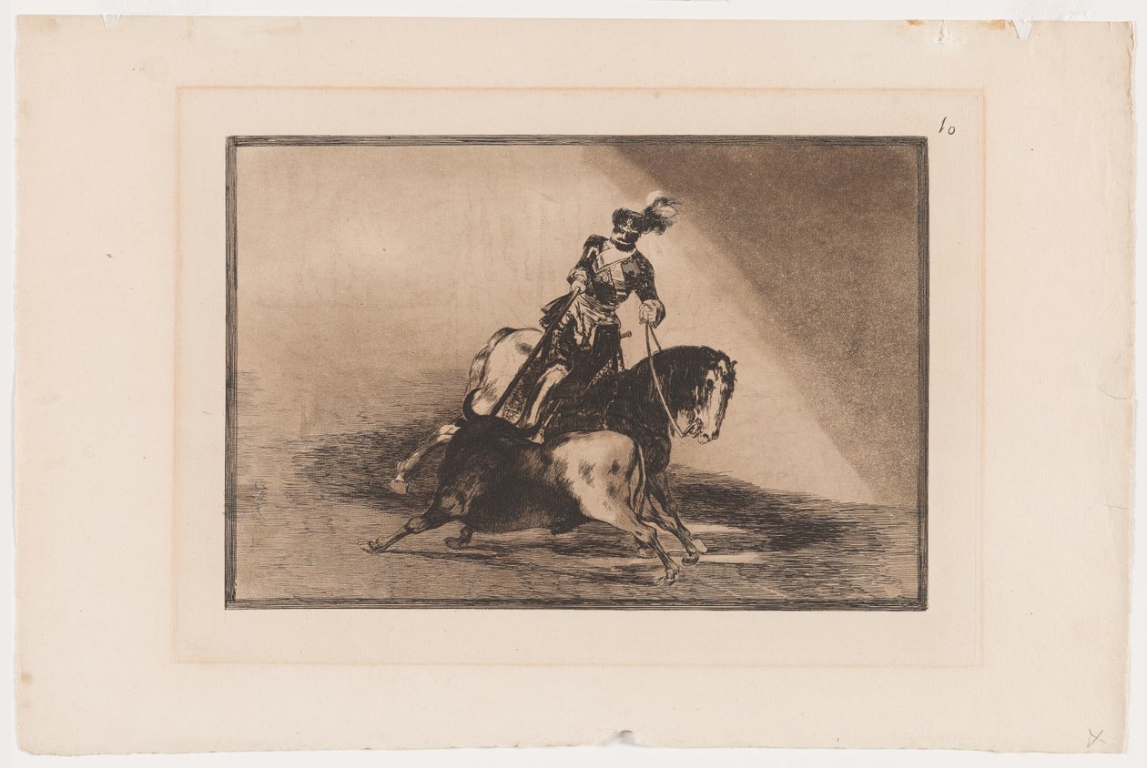 Placa 10 de La Tauromaquia: Carlos V Lançando um touro no ringue em Valladolid, 1816, impresso em 1876 (Água-forte e água-tinta sobre papel avergoado) de Francisco Jose de Goya y Lucientes