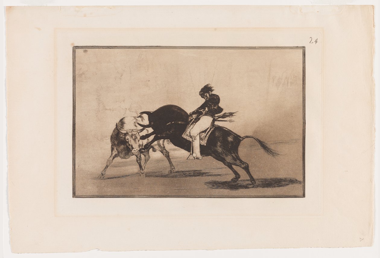 Placa 24 de La Tauromaquia: A mesma Ceballos montado em outra quebra de touros Lanças curtas no ringue em Madrid de Francisco Jose de Goya y Lucientes