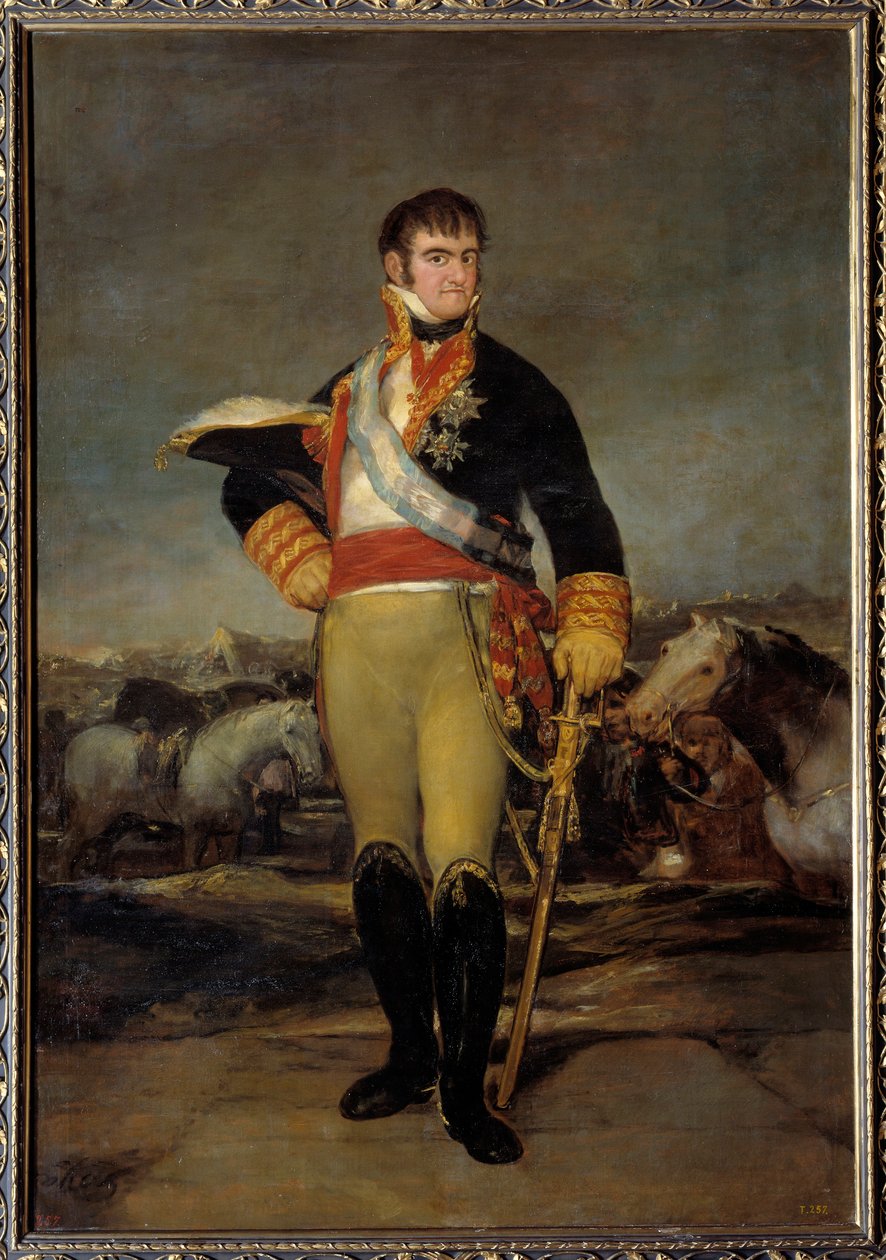 Retrato do Rei Fernando VII (1784-1833) em traje militar num acampamento Pintura de Francisco de Goya y Lucientes (1746-1828). Sol do século XIX. 2,07x1,4 m Madrid. Musee du Prado - Retrato do rei Fernando VII (1784-1833) em traje militar em de Francisco de Goya
