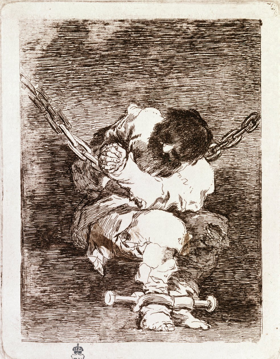 Cadeia de prisioneiros sentados - A segurança é tão bárbara quanto o crime. (Gravação de Francisco de Goya