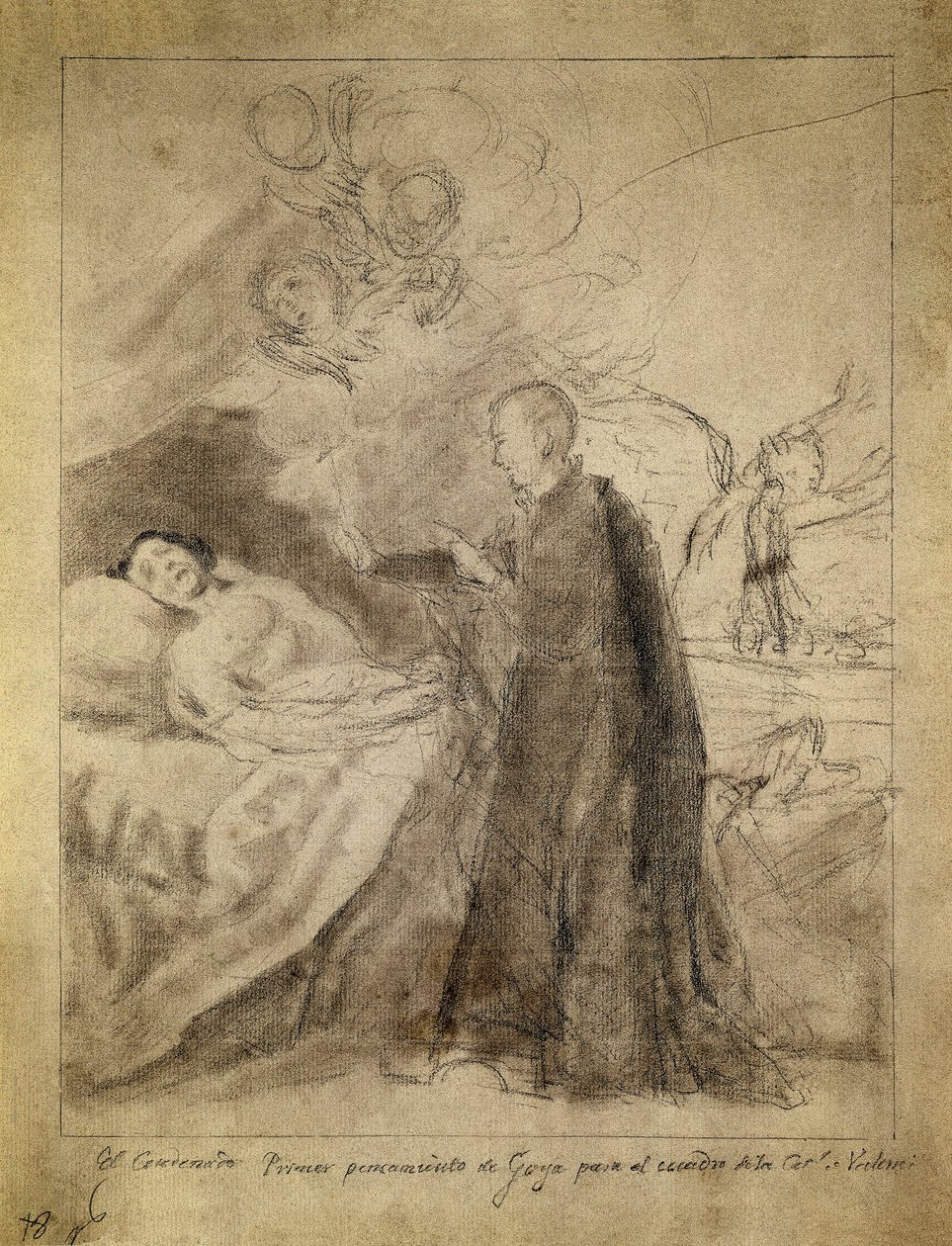 São Francisco Borgia (1510-1578) à beira de um impenitente moribundo. Desenho 1788, de Francisco de Goya y Lucientes (1746-1828). Esboço para a pintura do mesmo título encomendada pela família Ausuna. Museu do Prado, Madrid. de Francisco Jose de Goya y Lucientes