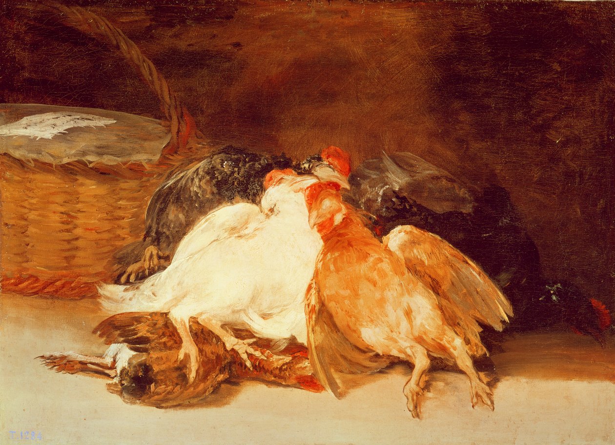 Natureza morta com galinhas mortas e uma cesta de vime (óleo sobre tela) de Francisco de Goya