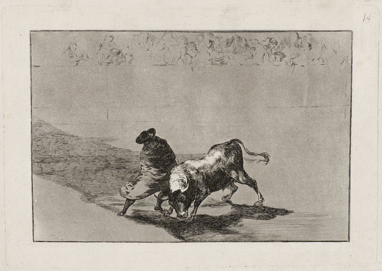 O esperto &39;Aluno de Falces&39; enfurece o touro por se mover envolto em sua capa, ilustração 14 de Francisco de Goya