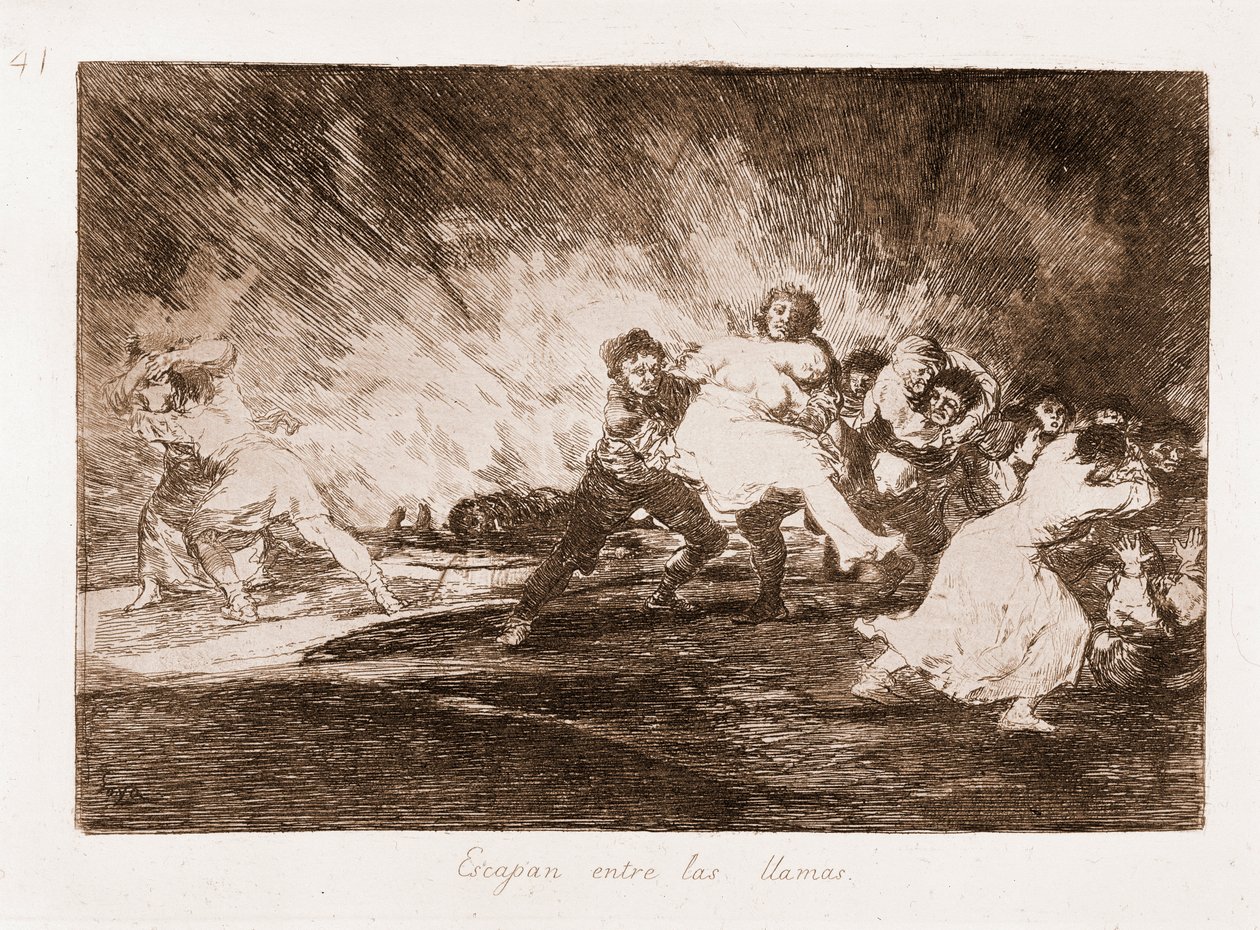 Os Desastres da Guerra : Eles escapam através das chamas (gravura do desenho de Francisco de Goya