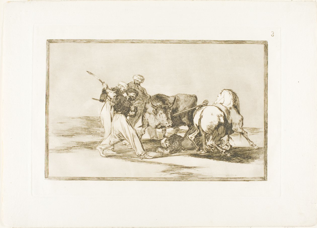 Os mouros se estabeleceram na Espanha, abandonando as superstições do Alcorão, adotaram essa arte de caçar e lançam um touro ao ar livre, placa três de The Art of Bullfighting de Francisco Jose de Goya y Lucientes