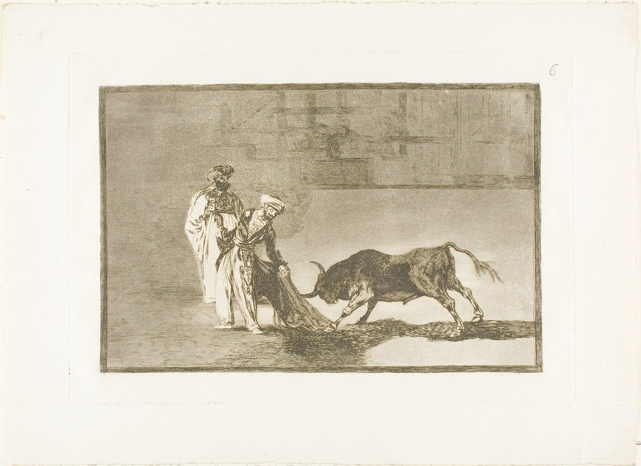 Os mouros fazem uma jogada diferente no ringue chamando o touro com seu burnous, placa seis de The Art of Bullfighting de Francisco Jose de Goya y Lucientes