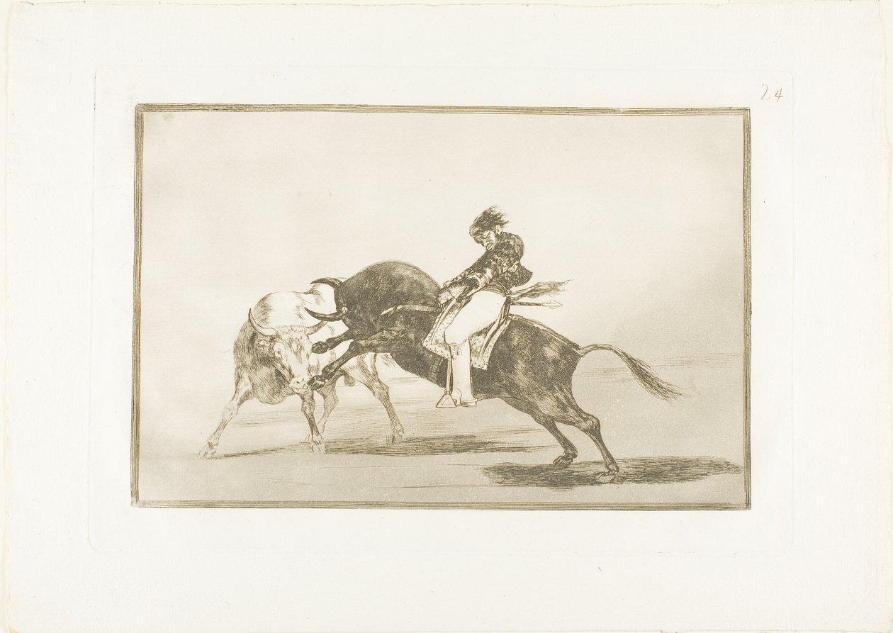 O mesmo Ceballos, montado em outro touro, quebra lanças curtas no ringue em Madrid, placa 24 de The Art of Bullfighting de Francisco Jose de Goya y Lucientes