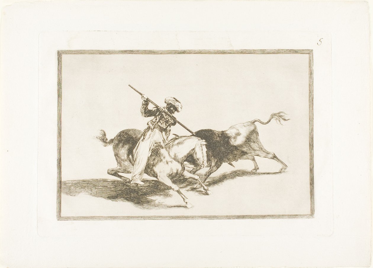 The Spirited Moor Gazul é o primeiro a lançar touros de acordo com as regras, prato cinco de The Art of Bullfighting de Francisco Jose de Goya y Lucientes