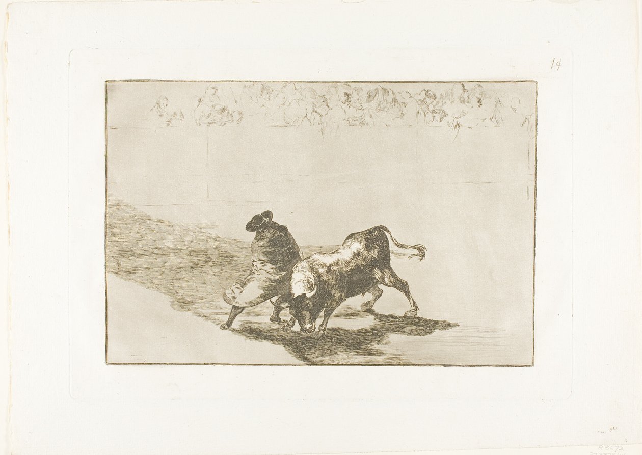 O estudante muito habilidoso de Falces, envolto em sua capa, engana o touro com o jogo de seu corpo, placa 14 de The Art of Bullfighting de Francisco Jose de Goya y Lucientes